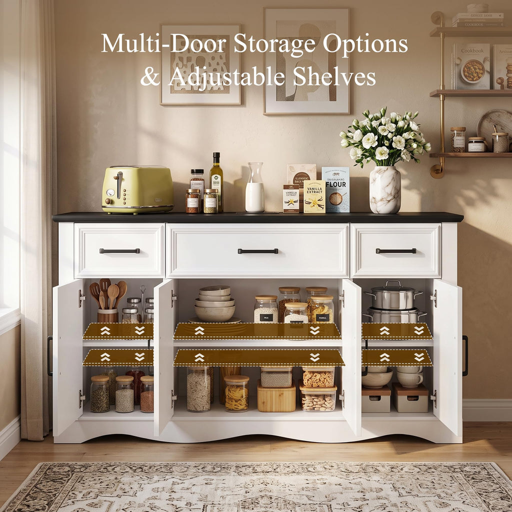 56" Farmhouse White Buffet Cabinet with Charging Station