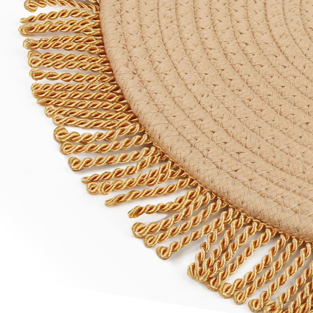 Round Thick Woven Placemats Set of 4, 12" Cotton Boho Dining Table Mats with Tassel Fringe Farmhouse Braided Macrame