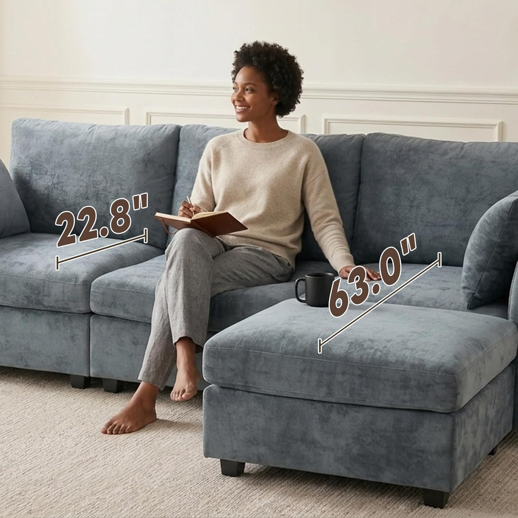 Sectional Couch , Comfy L Shaped Convertible Sofa, 4 Seater Modern Chenille Sofa with Ottoman, Grey