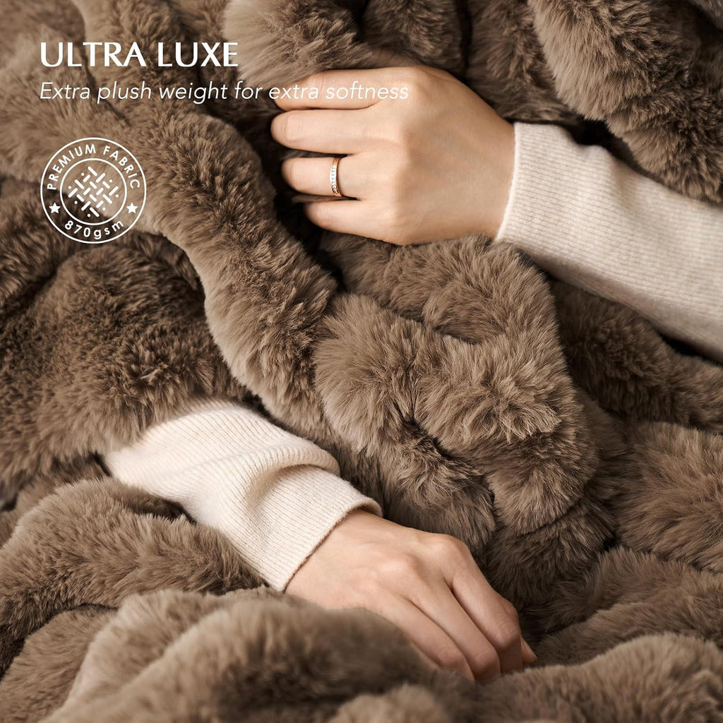 Faux Rabbit Fur Bubble Throw Blanket, 60"x80", Natural Tan | Ultra Soft, Luxury Faux Rabbit Fur Throw, Thick Warm