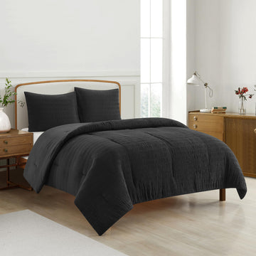 3-Piece Seersucker Comforter Set, Black Bedding, Ultra Soft, Lightweight & All-Season Comforter with