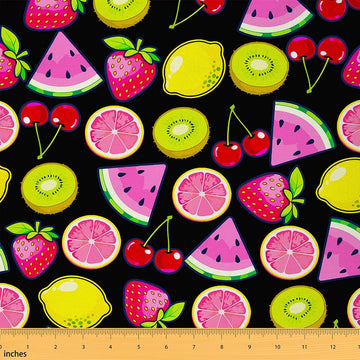 Cute Fruit Fabric By The Yard, Cartoon Strawberry Cherry Upholstery Fabric, Colorful Food Lemon Watermelon Grapefruit
