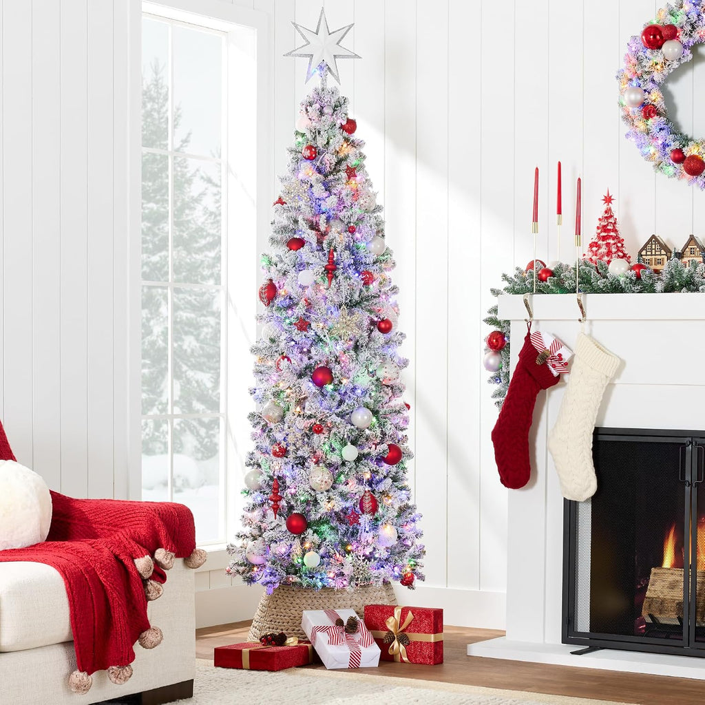 Flocked Pencil Christmas Tree, Pre-Lit Slim Artificial Holiday Decoration, 2-in-1 White & Multicolor Lights