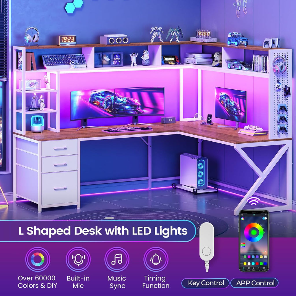L Shaped Gaming Desk with Storage Drawers and Hutch, Convertible 94.5" Computer Desk with Drawers, Corner Computer
