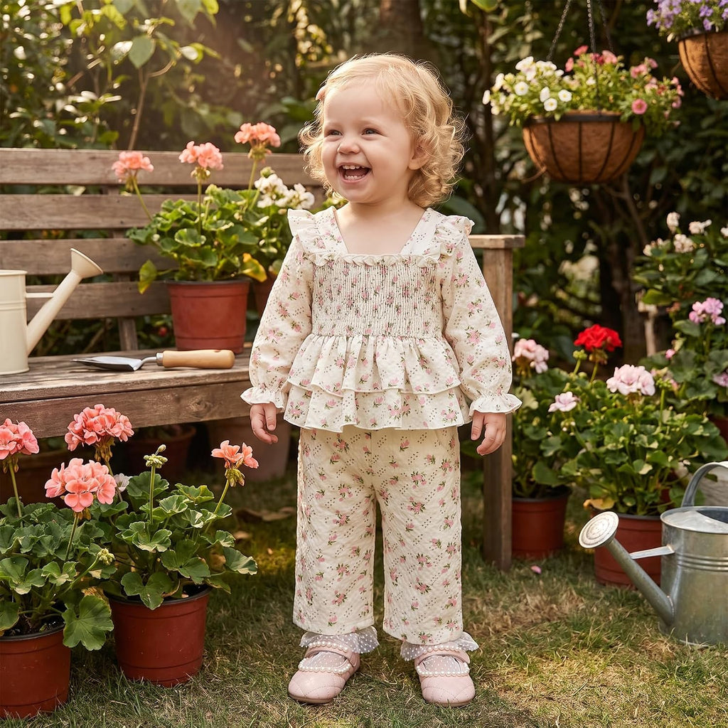 Toddler Baby Girl Fall Outfit Floral Print Smocked Shirt Pants Set