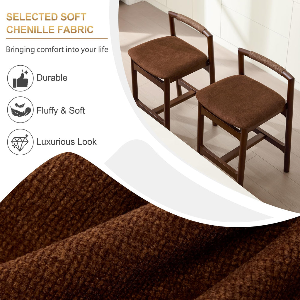 Wood Counter Stools with Woven Paper Cord Accent Back, Set of 4