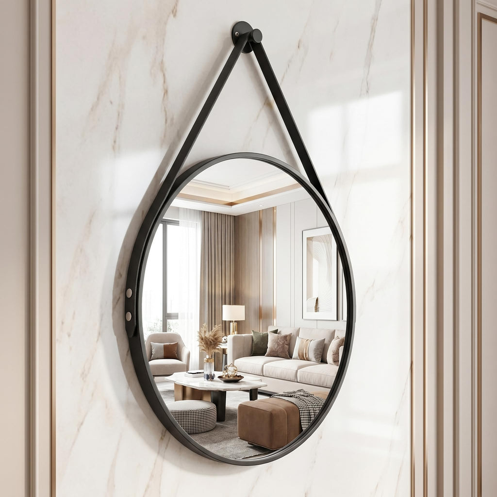 20" Black Round Mirror, Circle Wall Mirror with Leather Strap