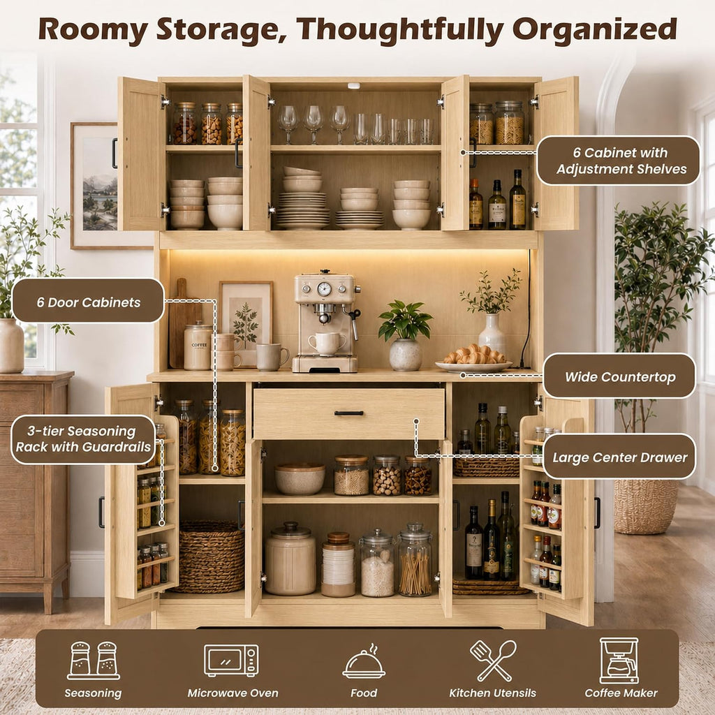 71" Kitchen Pantry with LED Lights, Farmhouse Hutch Storage Cabinet | Tall Coffee Bar, 55" Wide Countertop with