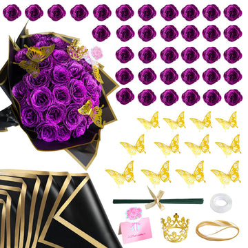 DIY Artificial Roses Flower Bouquet 36 Pack - Glitter Purple Roses Shiny Flowers with Stems Eternal Floral Gifts for