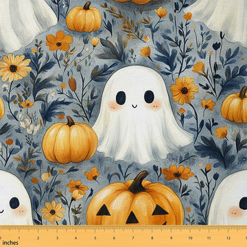 Happy Halloween Fabric by The Yard, Orange Pumpkin Flowers Soft Polyester No Stretch Fabric, Cartoon Ghost Rustic