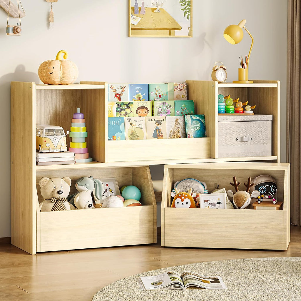 Solid Wood Kids Bookshelf and Toy Storage Organizer, 3-in-1 Montessori Bookcase with Storage Cubbies and 2 Rolling