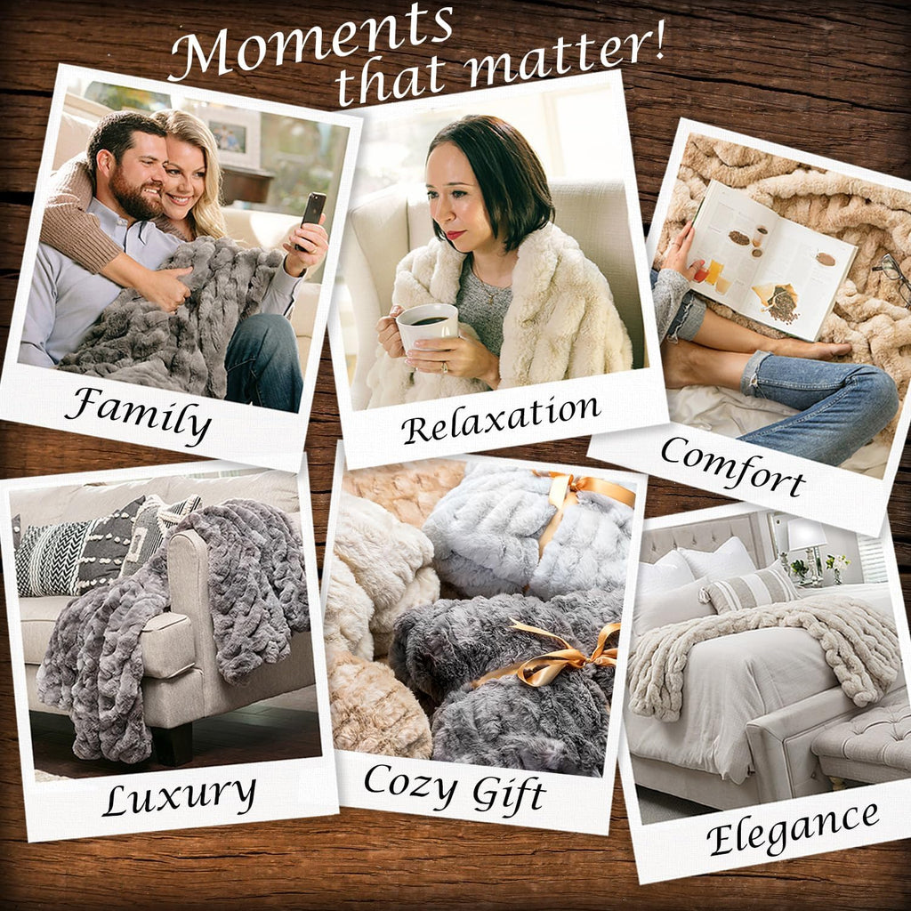 Premium Ruched Faux Fur Throw Blanket - Luxurious, Soft Reversible Mink Blanket - 50" x 65" - Teal