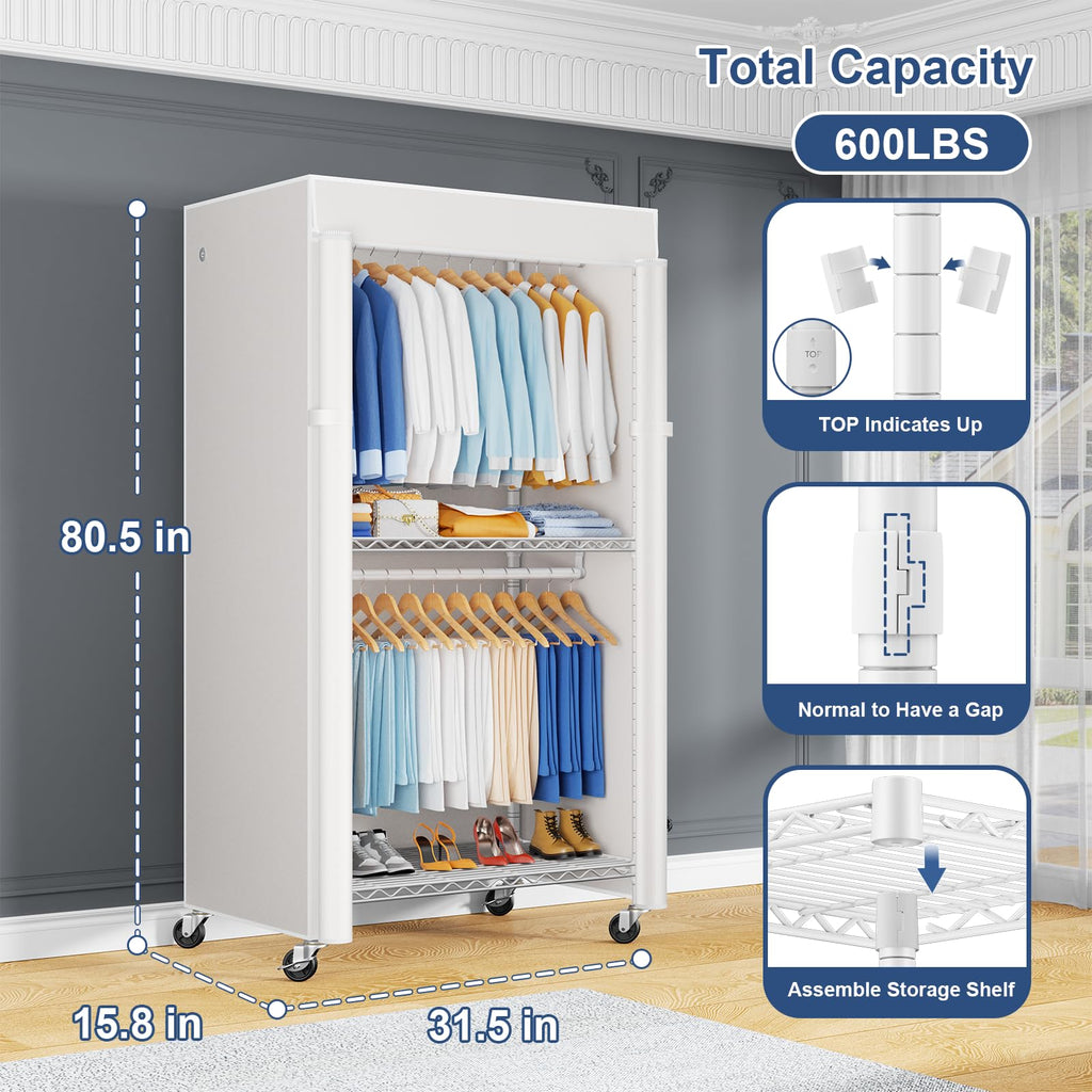 P8C Heavy Duty Clothes Rack(With Extended Width Design) Rolling Clothing Racks for Hanging Clothes with Lockable