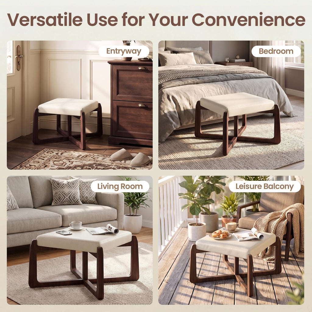 Faux Leather Square Ottoman Coffee Table with Ash Wood Legs (Beige)