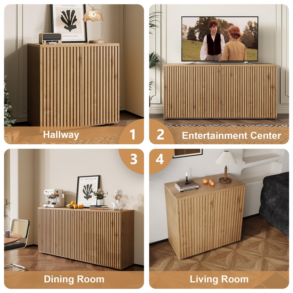 126" Fluted Sideboard Cabinet with Storage, Buffet Credenza, Oak