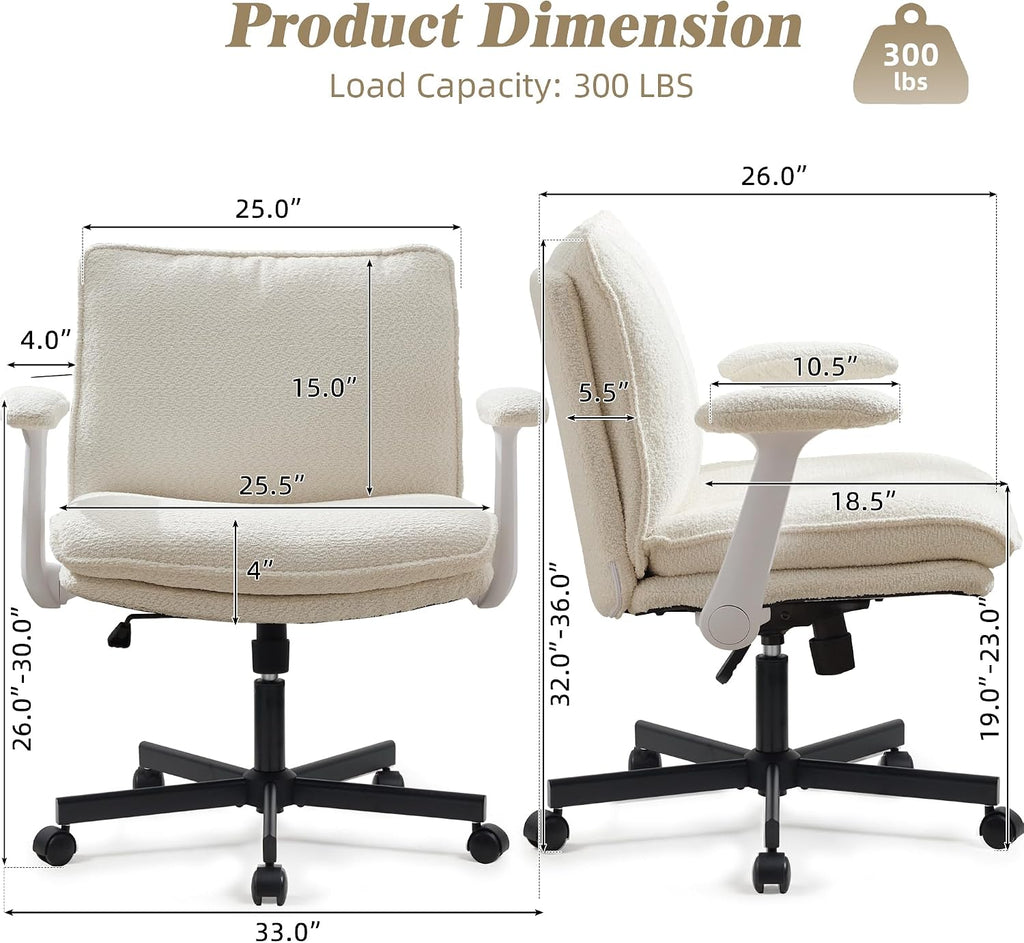 Criss Cross Legged with Wheels and Flip-Up Arms, Upholstered Criss Cross Desk Chair, Wide Seat Chairs for Home