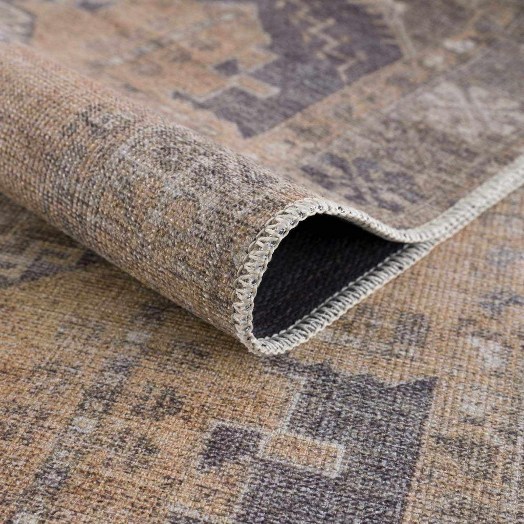 Carrabelle Machine Washable Area Rug - Medallion Geometric Border Distressed Faded - Traditional Oriental