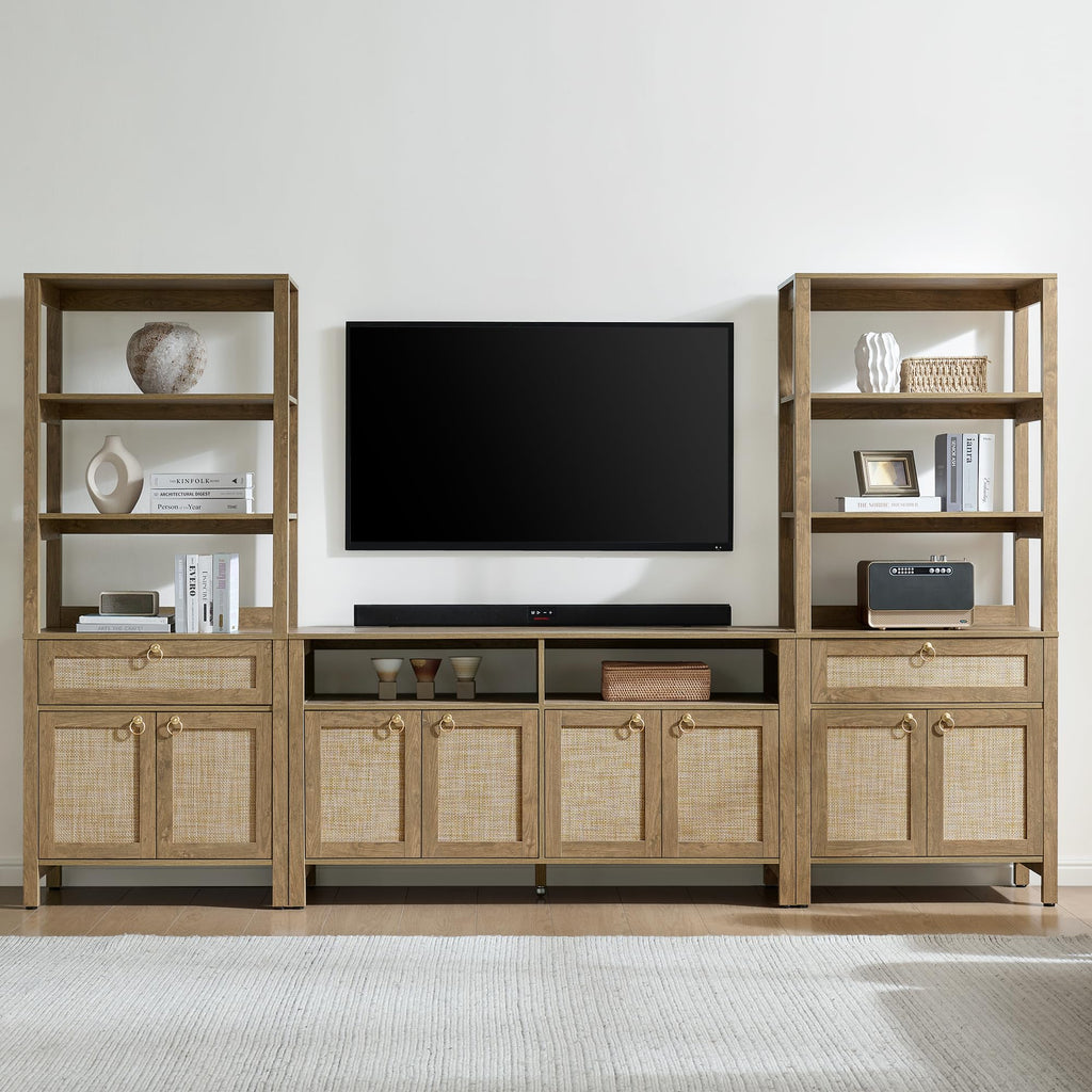 68.5" Tall Boho Rattan Bookshelf with Single Drawer & Storage Doors