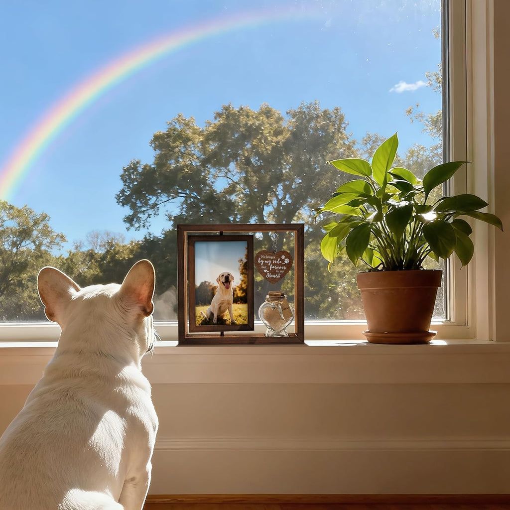 Dog Memorial Gifts for Loss of Pet - Rotating Wooden Frame for 4x6 Photo & Fur Hair Jar - Sympathy Gift for Pet