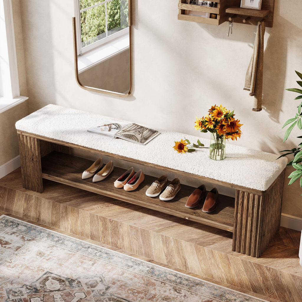63" Solid Wood Entryway Bench, Farmhouse Upholstered End of Bed Bench with Removable Faux Lambswool Cushion and