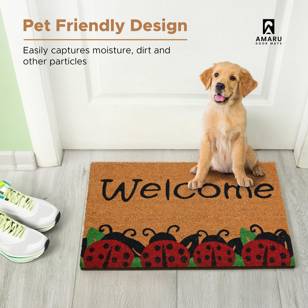 Coir Welcome Mat, Non-Slip, Ladybugs, 17 x 29 in