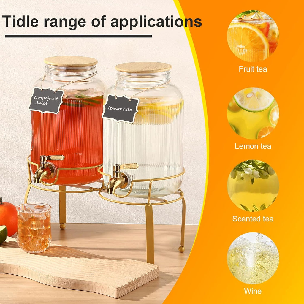 Gallon Glass Drink Dispenser with Stand, 2pack Drink Dispensers For Parties, Beverage Dispenser With Bamboo Lid - Set of 2