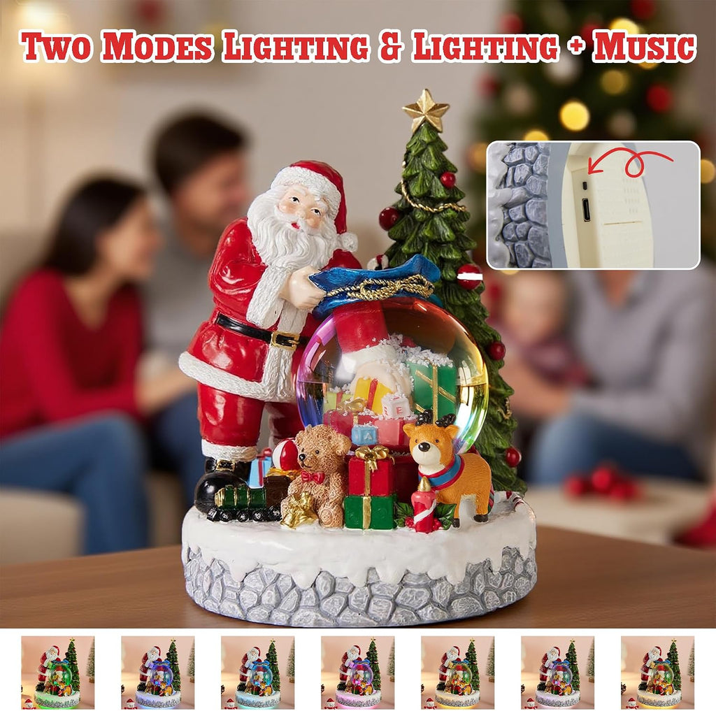 Christmas Snow Globe Lantern with Musical, Colorful Lights & Swirling Snowfall - USB & Battery Operated Xmas