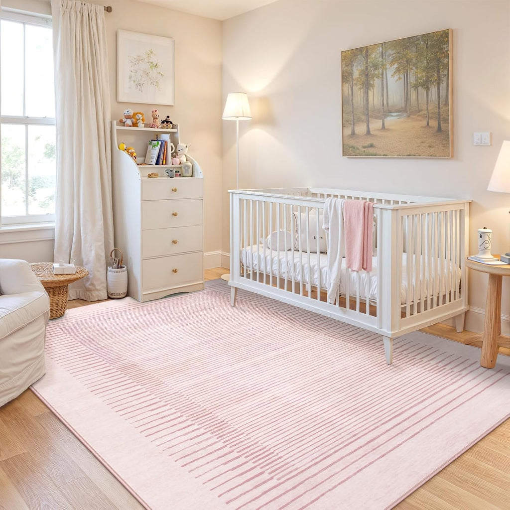 Washable Striped Living Room Area Rug, Non-Slip Berber Stripe Pink Area Rugs Girls, Low Pile Soft Large Throw