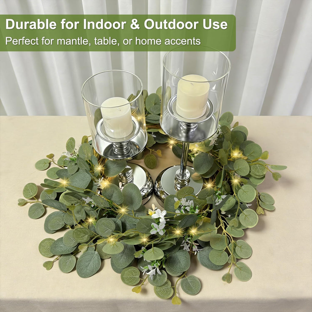 6Ft Lighted Eucalyptus Garland with 30 LED Lights String, Battery Operated Olive Leaf Greenery Garland for Table - Set of 6
