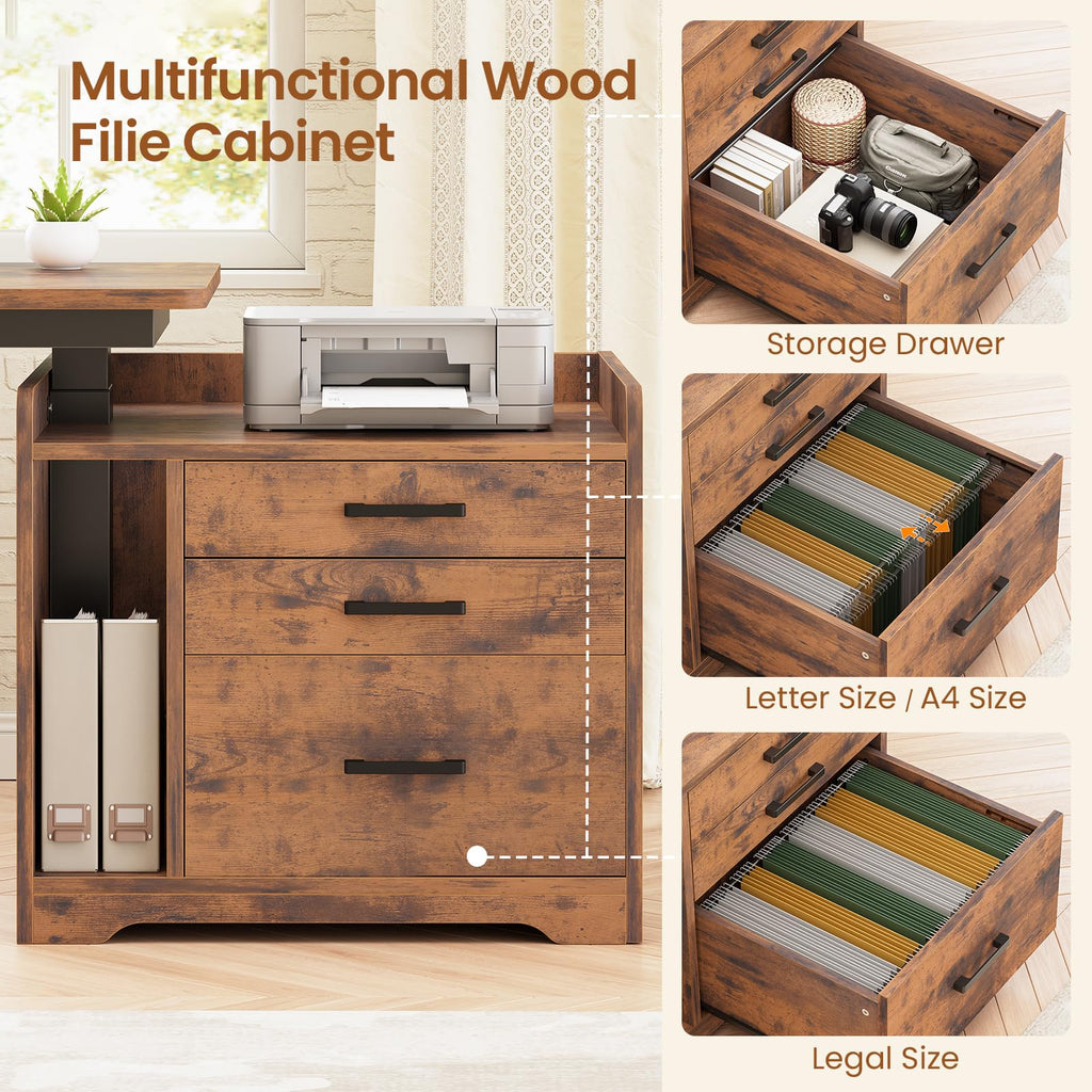 L Shaped Standing Desk with File Cabinet, 3 Drawers, Power Outlet