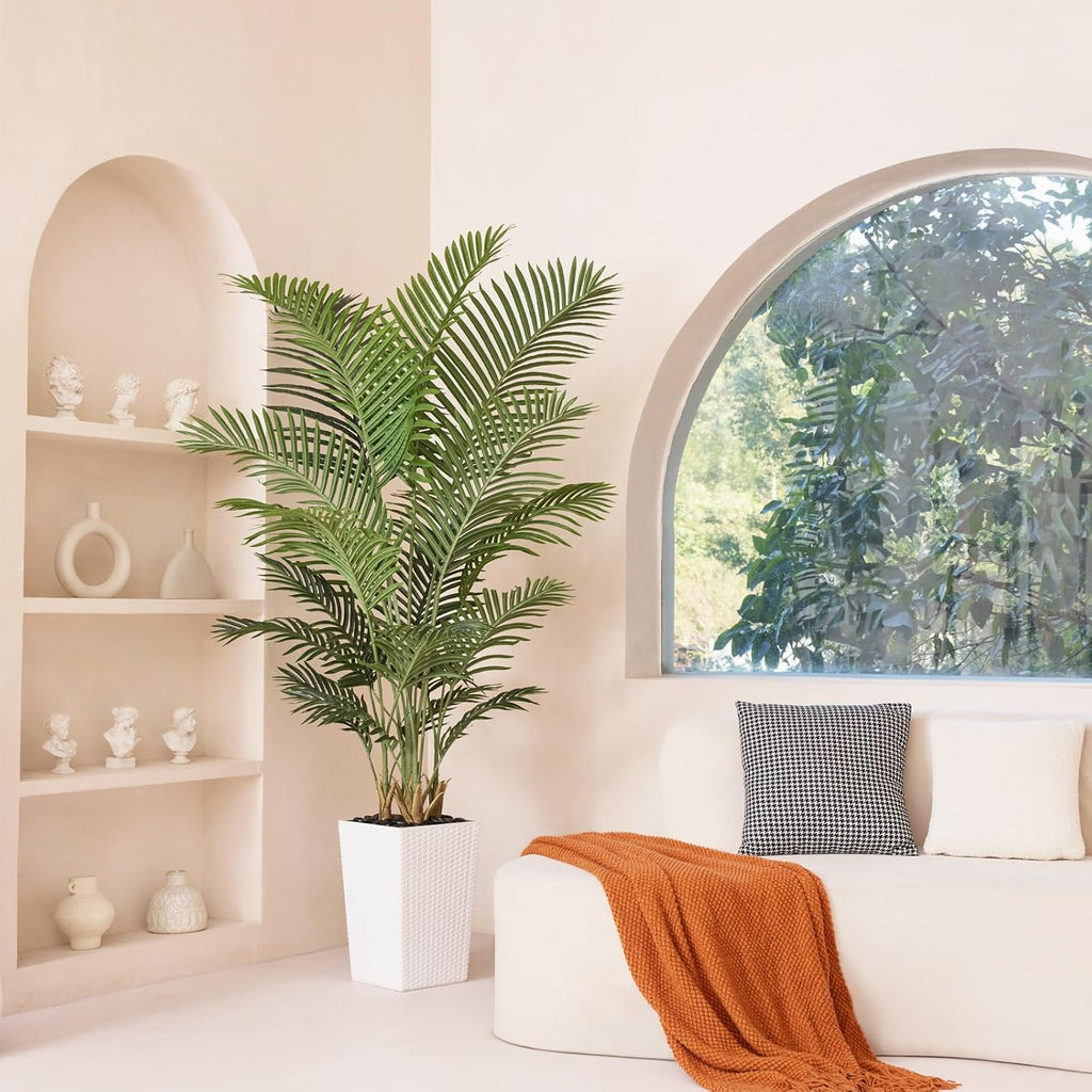 6FT Artificial Palm Tree - Tall Fake Tree with White Taper Planter & Pebbles, UV Resistant Decor - Large Potted Faux