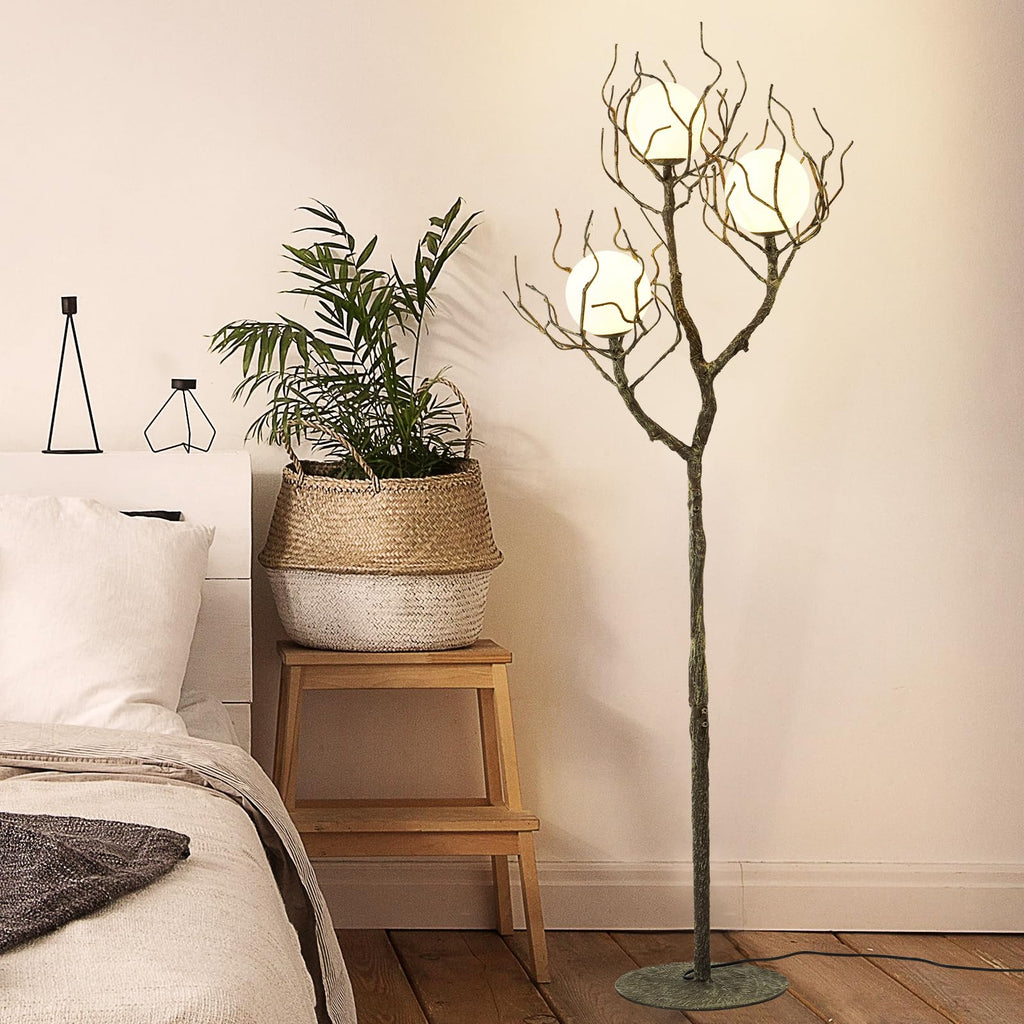 Tree Branch Floor Lamp, 3-Light Gothic Moon Branch Floor Lamp, Wood Grain Resin & Metal Base for Farmhouse, Bedroom