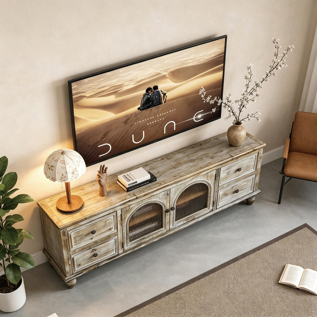 60" Solid Wood Farmhouse TV Stand, Media Console with Doors & Drawers