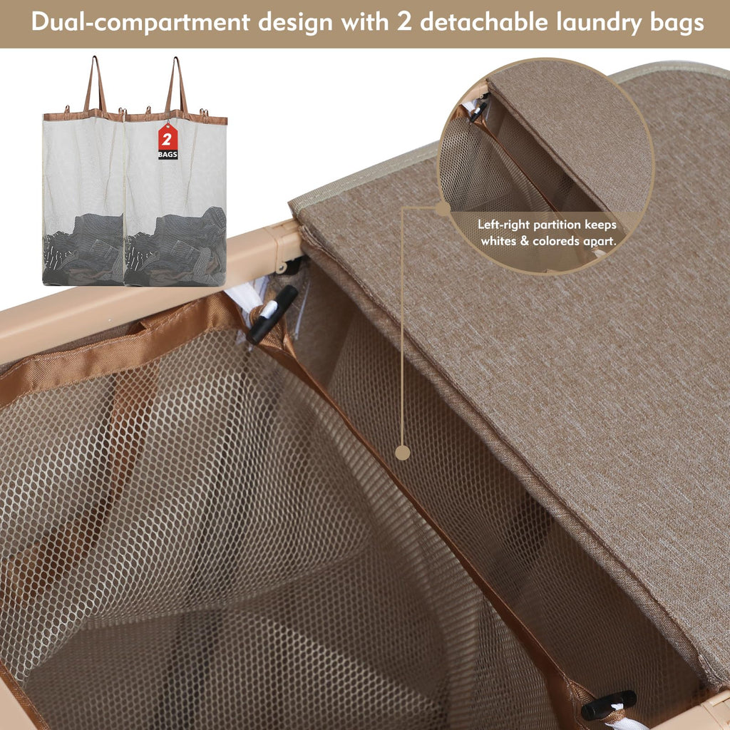 160L Double Laundry Basket Hamper with Lid & Removable Bags, Khaki