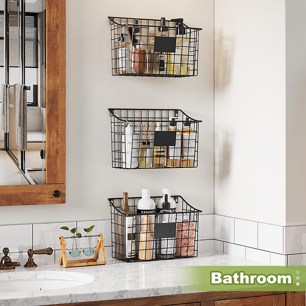 Wall Mounted Bin Basket with 5 Hooks 3 Label Plate Adhesive-3 Pack, Cabinet Hanging Metal Wire Basket, Rustic