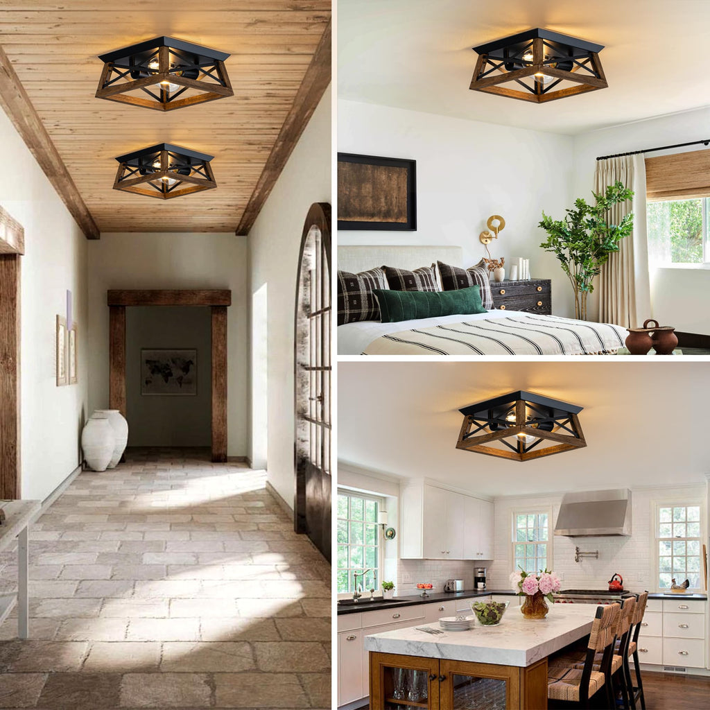 2-Light Farmhouse Light Fixture, Rustic Ceiling Light with Wood and Metal Design, Wood Ceiling Light, Cabinet
