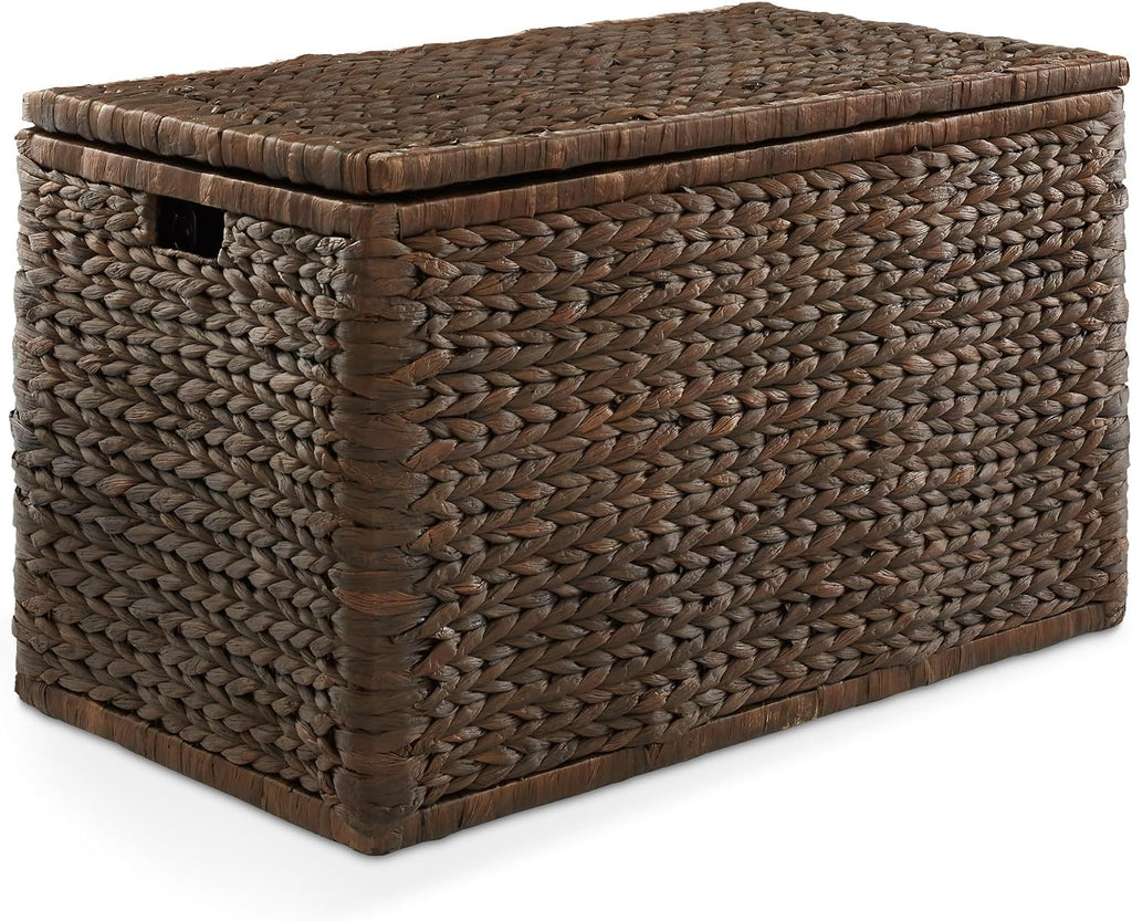 30" Storage Chest with Lid, Handles, Safety Hinge - Espresso Dark Brown, Hyacinth Wicker Storage Trunk for Entry Way