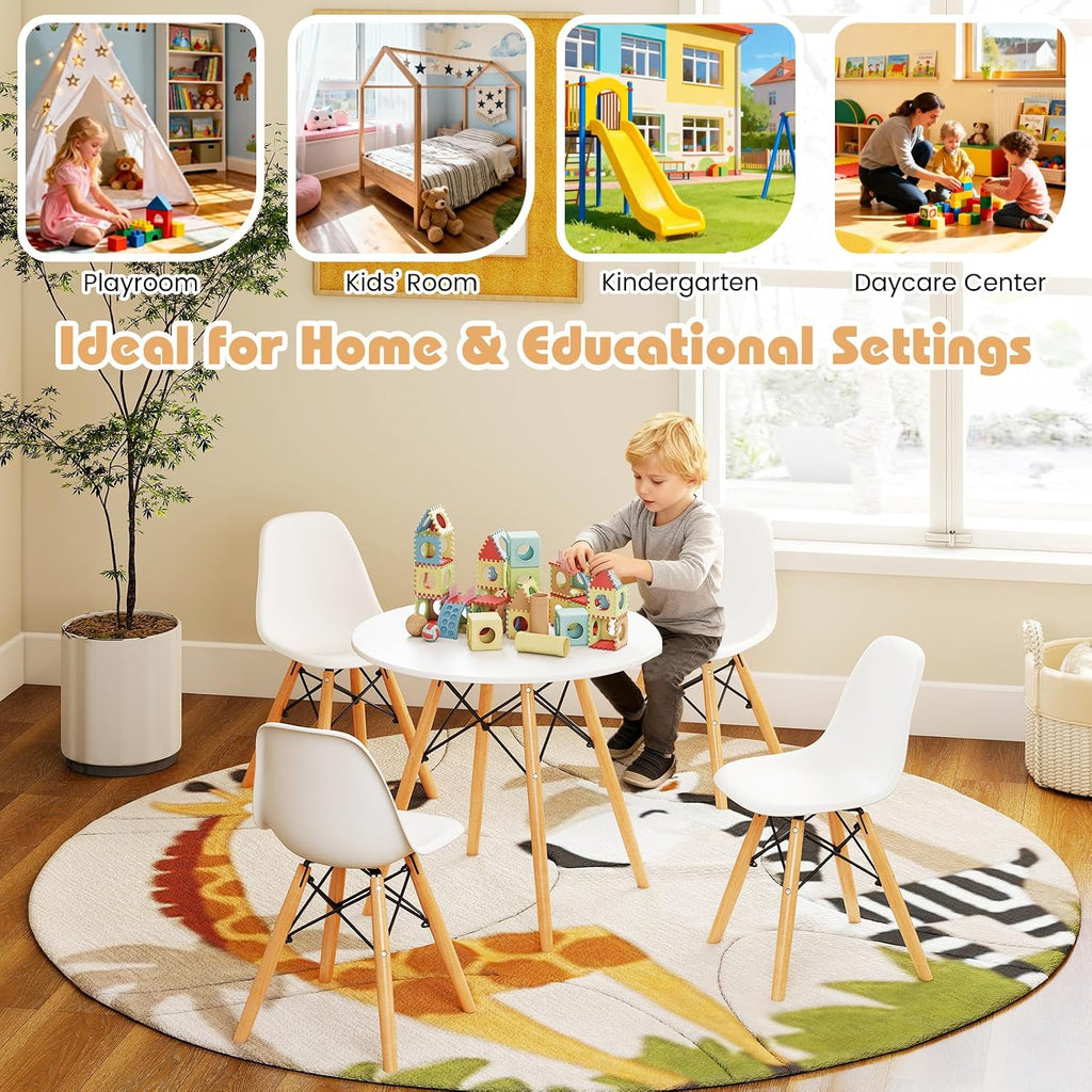 Kids Table and Chairs, 5 PCS Mid-Century Modern Style Kids Activity Set w/Wood Legs, Metal Frame, for Dining Drawing
