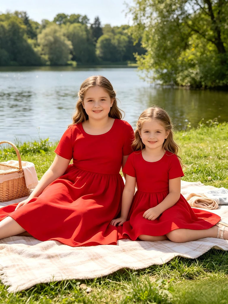 Girl Short Sleeve Dress Cotton A-Line School Dress with Pockets