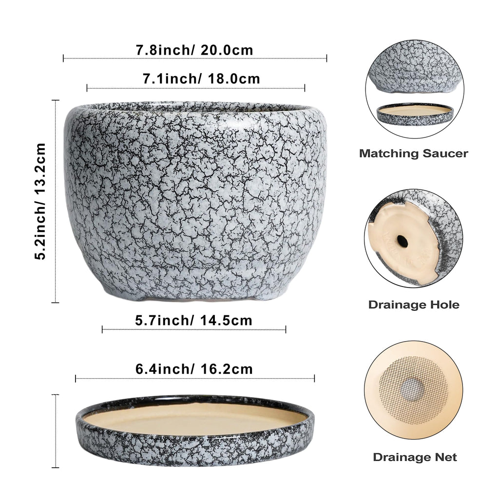 8 inch Plant Pot - Ceramic Planter with Drainage Hole and Saucer, Round Flower Pot for Indoor Plants, Decorative