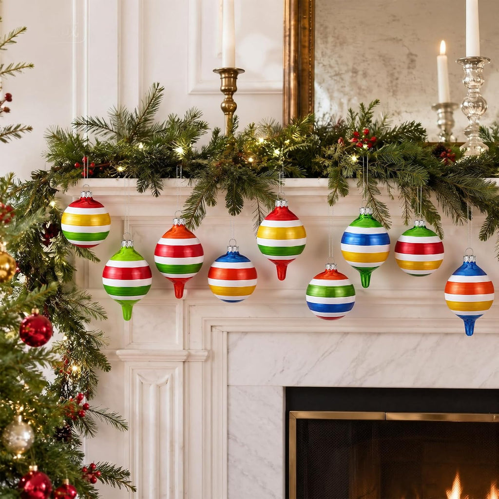 Vintage Glass Christmas Ornaments, Stripes, Festive - Set of 10