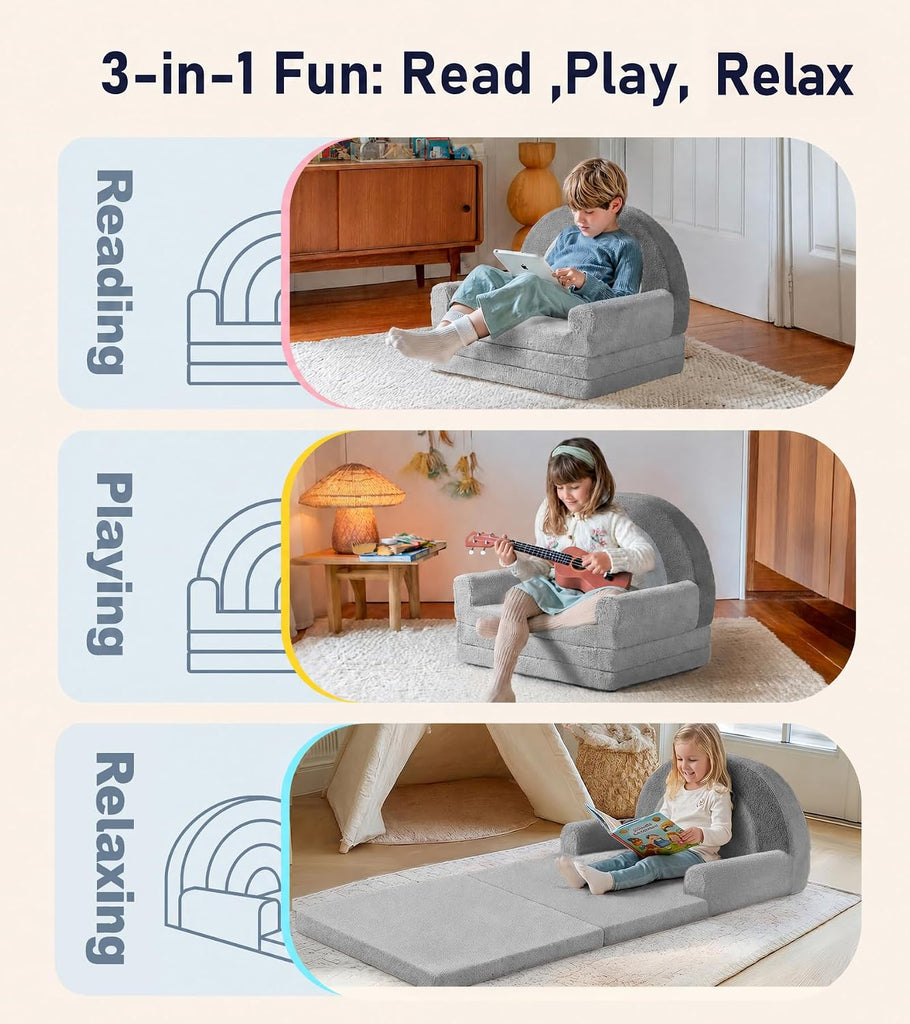 In-1 Extra Large Kids Couch Fold Out, Soft Kid Sofa for Playroom, Gray
