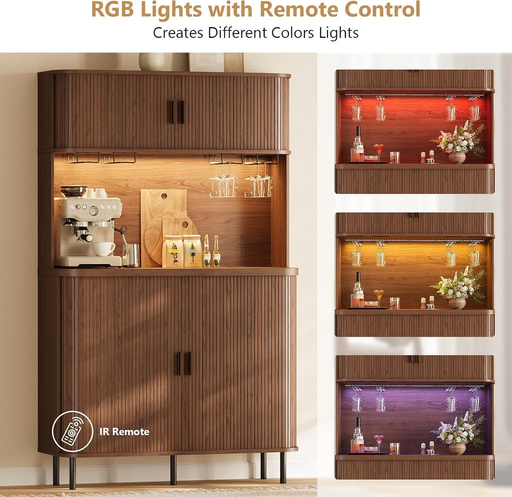 71" Tall Fluted Wine Bar Cabinet with Storage Walnut | Liquor Cabinet, Coffee Bar Cabinet, Large Home Bar, with LED
