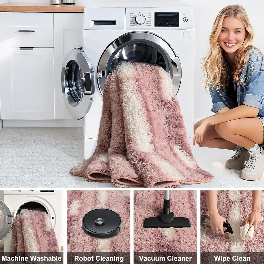 Pink and White Rugs Girls, Fluffy Soft Plush Area Rugs with Non-Slip Backing, Modern Striped Shag Fuzzy Carpets