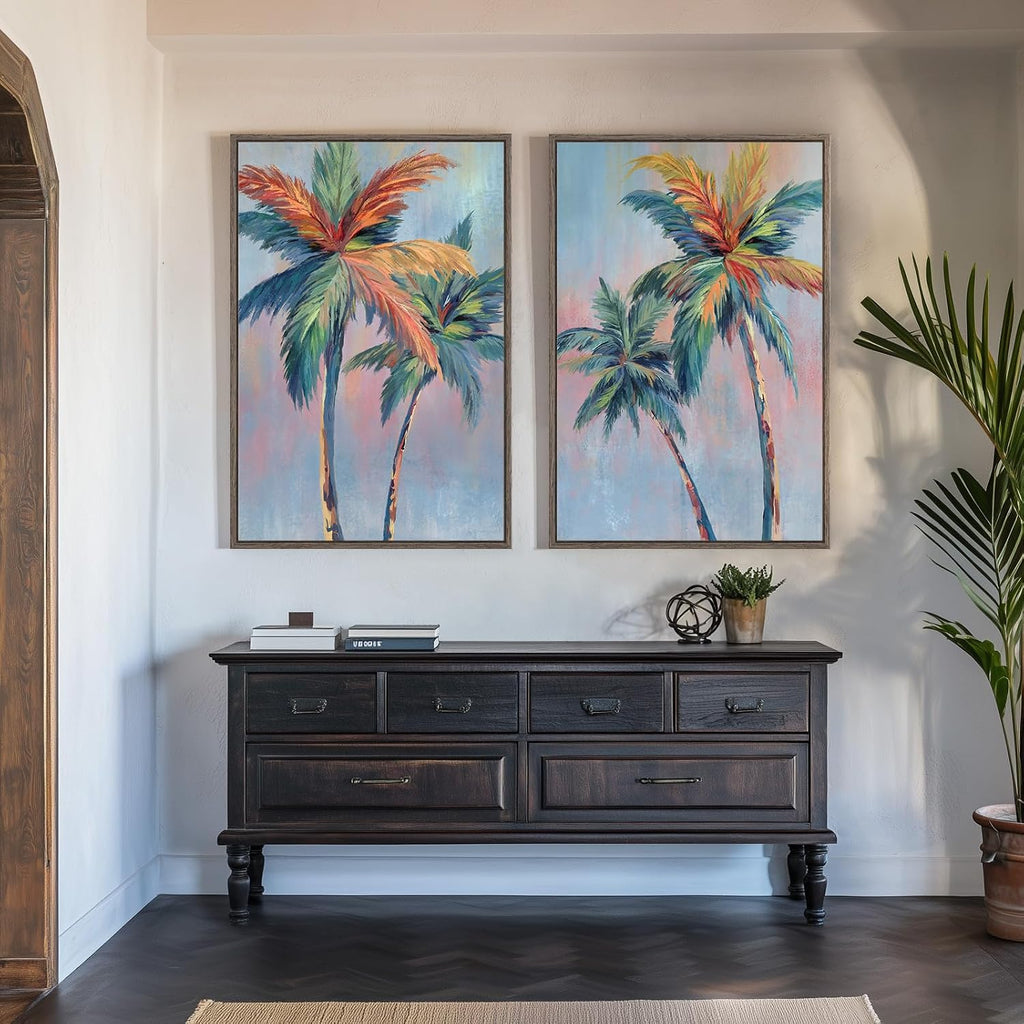 Framed Colorful Coastal Wall Art Decor, Large Tropical Beach Palm Tree Canvas Artwork for Walls, 2 Piece Pop