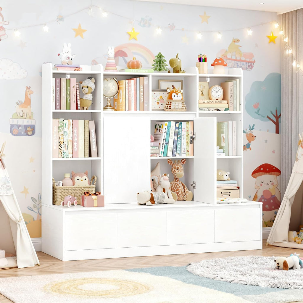 54" W Kids Bookshelf and Toy Storage Organizer Cabinet w/Reading Nook Bench | Kids Bookcase with 10 Storage Cubes & 4