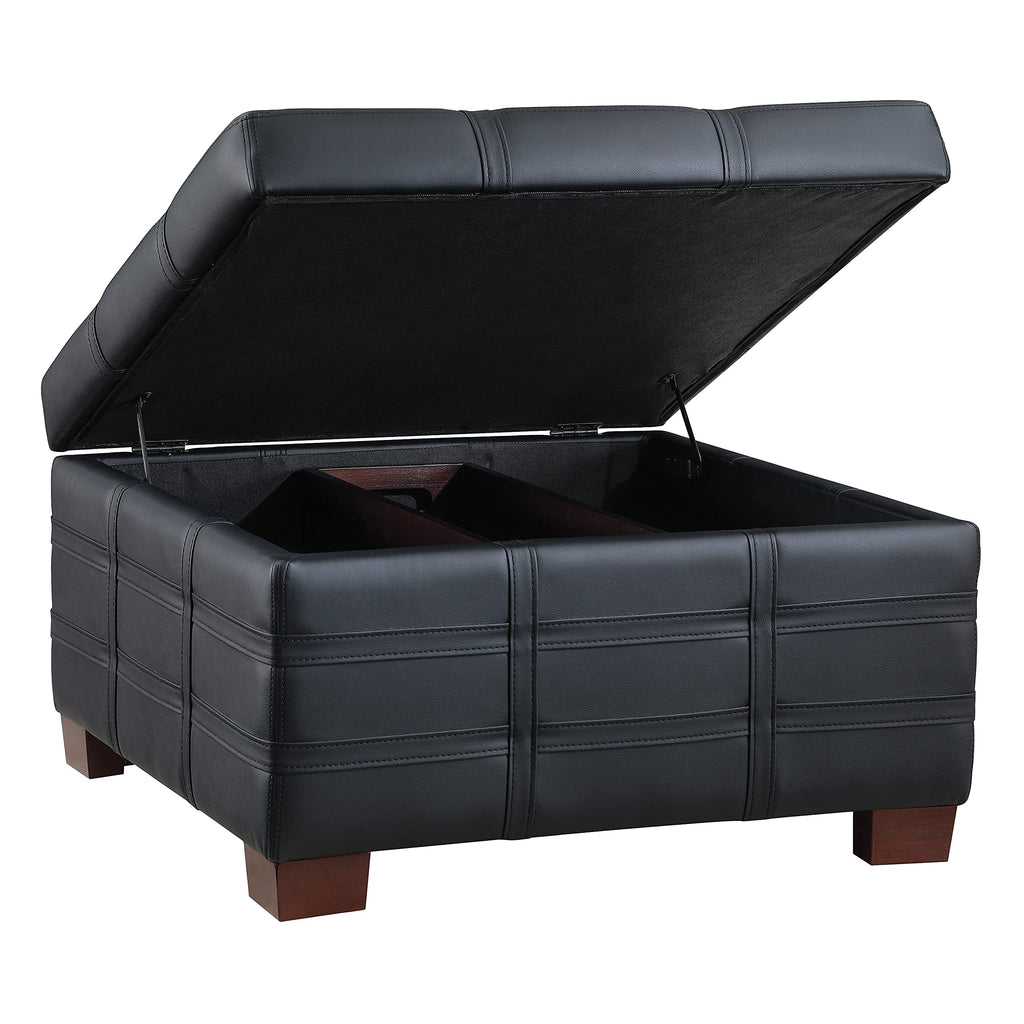 OSP Home Furnishings Detour Strap Square Storage Ottoman with Sliding Tray and Hinged Lid, Black Faux Leather