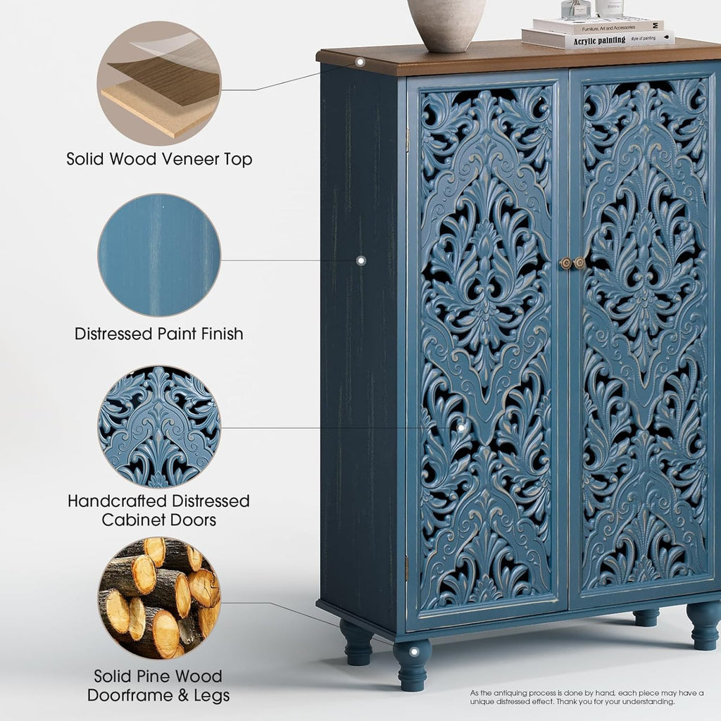 47" Tall Accent Cabinet with Doors & Storage ,Blue | Carved Solid Wood Legs, Decorative Cabinet for Dinning