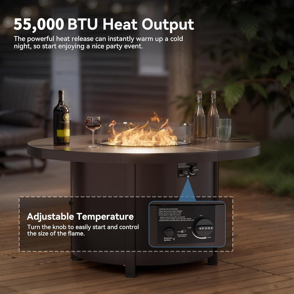 48" Round Propane Fire Pit Table,55000 BTU Auto-Ignitiongas Gas Fire Table with Fire Glass and Lid,Waterproof Cover and Blue Glass Stone for - Image 4