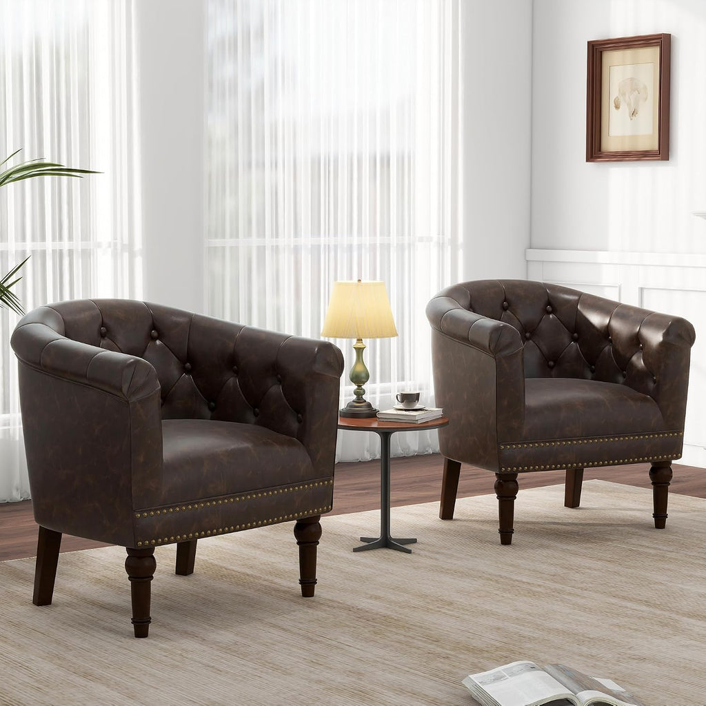 Faux Leather Barrel Accent Chair, Comfy Club Armchair with Solid Wood Legs, Upholstered Single Sofa Chair